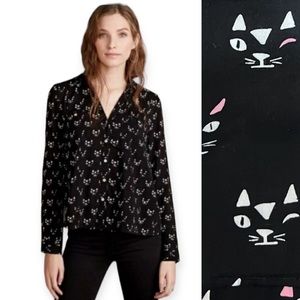 Maeve Anthropologie Black Winking Cat Button Down Top Shirt Size 4 Small